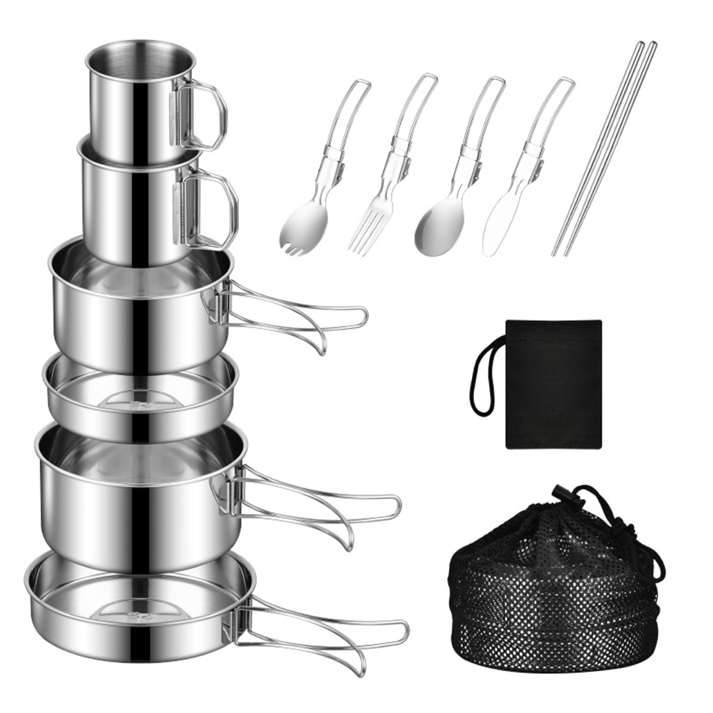 Ultralight Stainless Steel Camping Pot Set with Foldable Handles