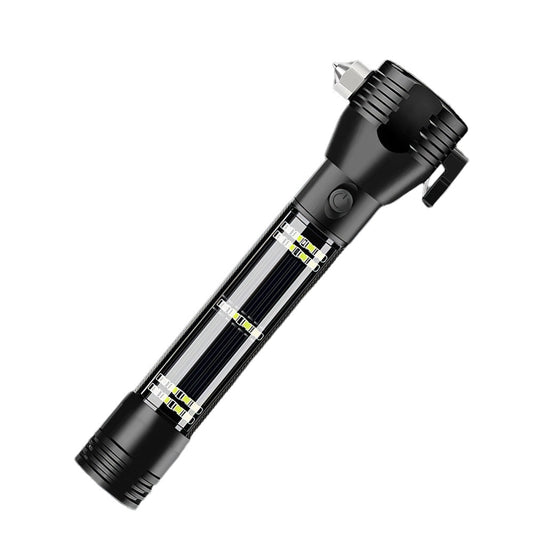 Solar Rechargeable Flashlight with Built-In Compass and Safety Hammer