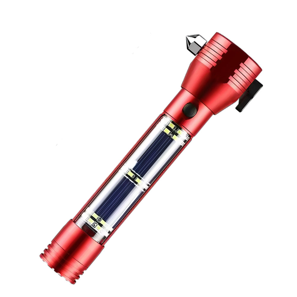 Solar Rechargeable Flashlight with Built-In Compass and Safety Hammer